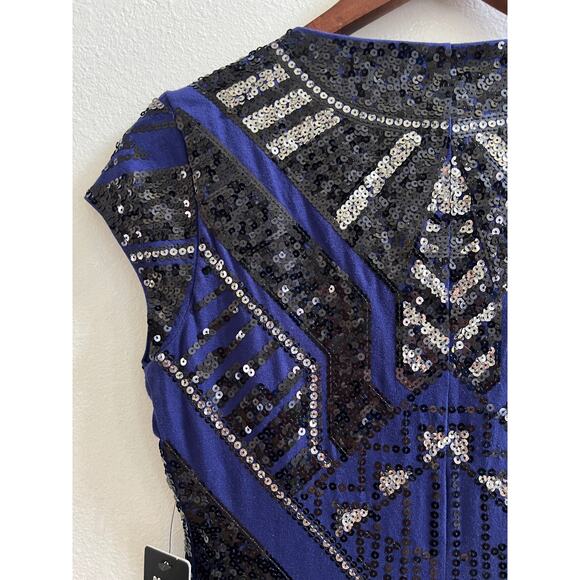 Express Sequin Aztec Art Deco Mini Dress Blue Black Bodycon Party Size Small - Picture 7 of 11